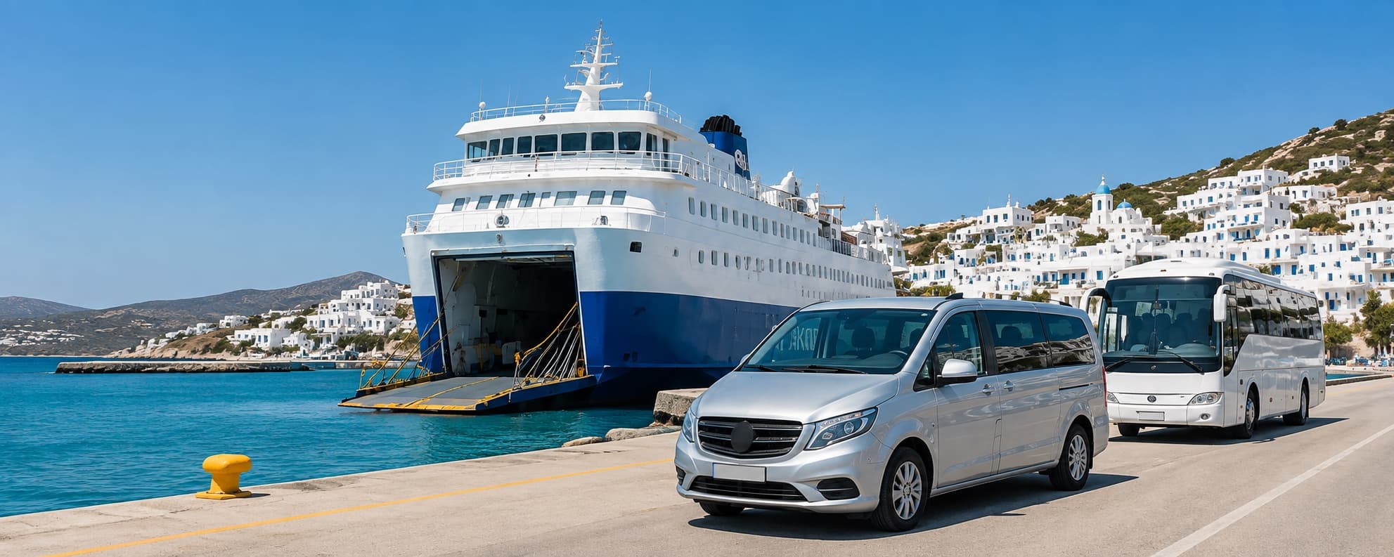 A ferry, transfer minivan and local bus at a Cycladic island port